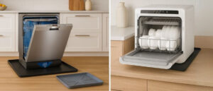 Side-by-side view showing built-in and countertop dishwashers placed on the best dishwasher drain pans, highlighting durable leak protection and reliable safety in modern kitchen settings.