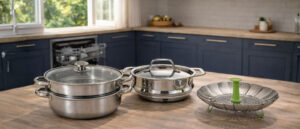 Best dishwasher-safe food steamers including stainless steel pots and a collapsible steamer basket placed on a kitchen table near a built-in dishwasher