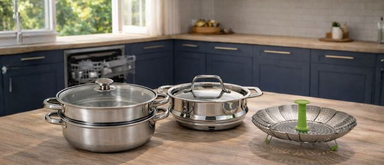 Best dishwasher-safe food steamers including stainless steel pots and a collapsible steamer basket placed on a kitchen table near a built-in dishwasher