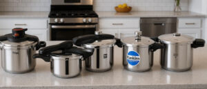 Lineup of the best dishwasher safe pressure cookers in various sizes and brands displayed on a kitchen counter, featuring durable stainless steel builds and user-friendly handles.