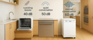This cozy kitchen scene compares three dishwashers by their noise levels, showing one at 40 dB (like rustling leaves), another at 50 dB (similar to a quiet conversation), and the loudest at 60 dB (equivalent to normal conversation). It's a simple visual breakdown of how different dishwasher noise levels affect your kitchen vibe.