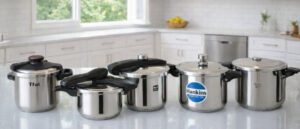 Dishwasher safe pressure cookers displayed on a glass kitchen countertop in a modern off-white kitchen