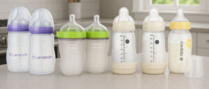 Best dishwasher safe baby bottles displayed on a bright kitchen counter, including Lansinoh, Comotomo, Nanobébé, and Medela models, showcasing their durable designs and easy-to-clean features for hassle-free feeding.