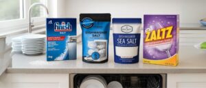 Best Dishwasher Salt products displayed on a bright kitchen counter with white plates and an open dishwasher.