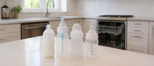 Four baby bottles, some filled with milk, placed on a kitchen counter in front of an open dishwasher, illustrating the question can you put baby bottles in dishwasher for safe and convenient cleaning.