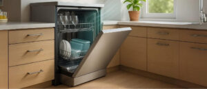 A sleek kitchen scene showing a Dishwasher Auto Door Open, with clean dishes and glasses inside, highlighting energy-efficient drying and modern convenience.