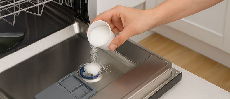 Hand pouring dishwasher salt into the salt compartment of an open dishwasher.