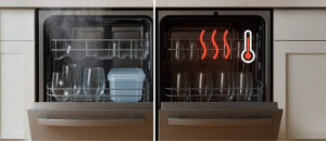 A side-by-side view of a Dishwasher Extra Dry vs Sanitize cycle, showing steam rising for sanitizing on the left and heat indicators for extra dry on the right, highlighting how dishwashers handle germ removal and moisture-free results for spotless glasses and containers.