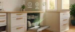 A modern kitchen with a built-in dishwasher mid-cycle, highlighting Dishwasher Eco Cycle Explained with icons showing longer runtime, less water use, and energy savings, emphasizing how eco settings balance efficiency with sustainability for everyday dishwashing needs.