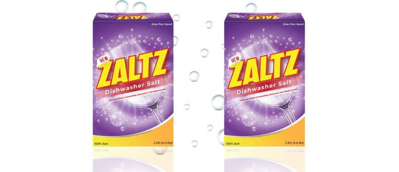 Zaltz Dishwasher Salt box with sparkling glass design, highlighting 100% pure salt for spotless cleaning.