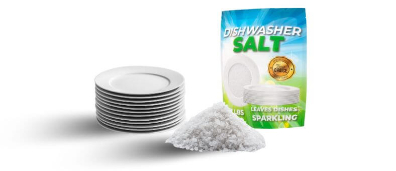 Good Habit Premium Dishwasher Salt pouch with coarse salt granules and stacked white plates for long-lasting cleaning.