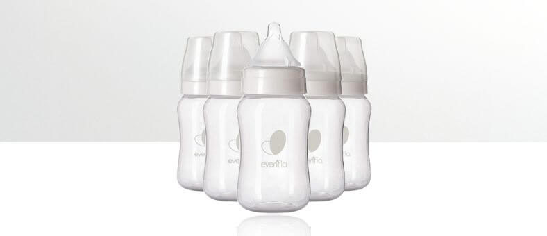 Evenflo Feeding Baby Bottles – Six clear baby bottles with white caps, featuring a simple gray logo, arranged in a cluster on a white background.