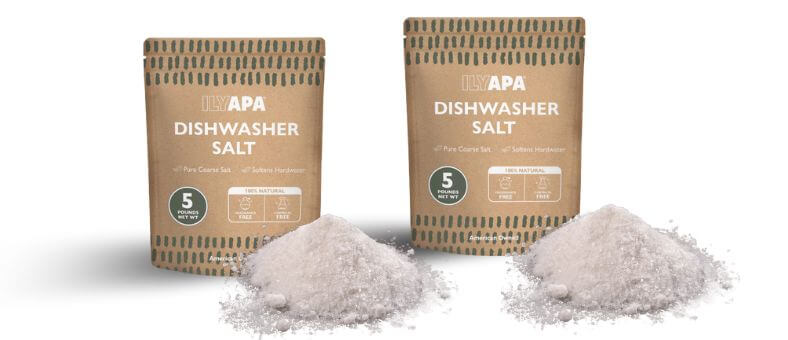 Ilyapa Dishwasher Salt natural coarse salt packs with loose granules in front, emphasizing organic and fragrance-free formula.