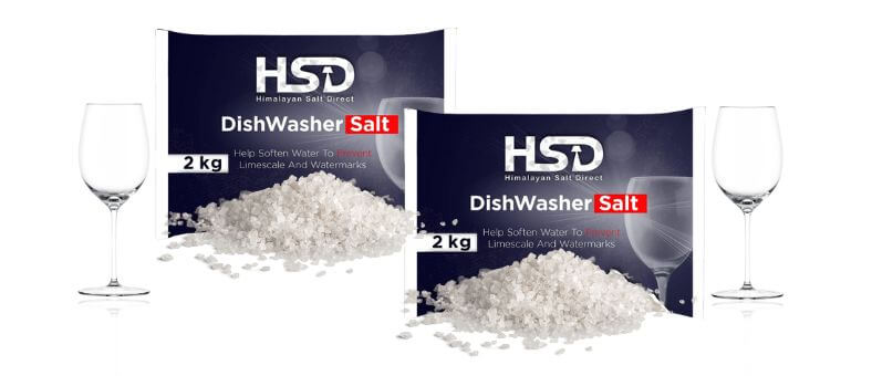 HSD Himalayan Dishwasher Salt 2kg packs with coarse salt granules and wine glasses, designed for bulk family use.