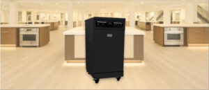 BLACK+DECKER BPD8B Dishwasher Review image showing the freestanding (portable) dishwasher is placed in a showroom, emphasizing its streamlined front panel and modern aesthetic.