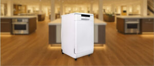 SPT SD-9263W Dishwasher Review image showing the freestanding (portable) dishwasher is placed in a showroom, emphasizing its streamlined front panel and modern aesthetic.