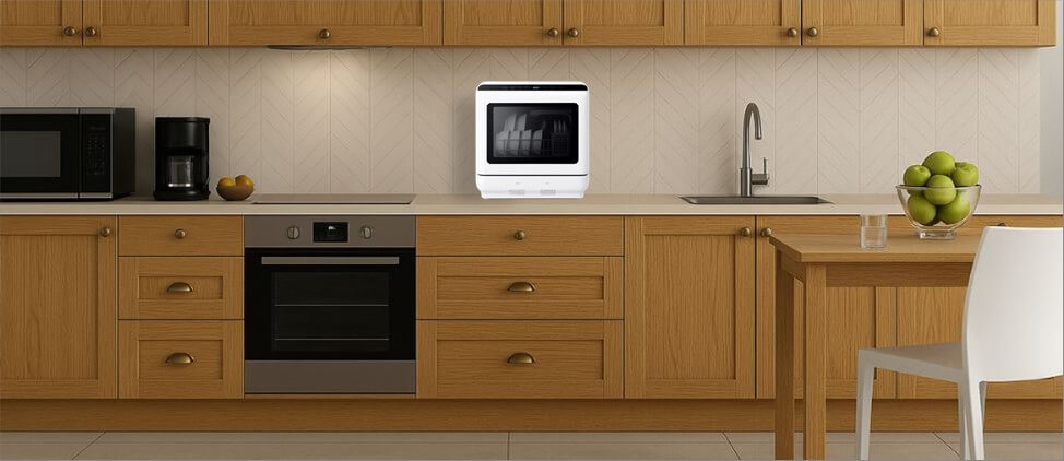 Modern kitchen interior featuring the AooDen AO-PDW-W-1 dishwasher on the counter near the sink. Surrounded by cabinetry, oven, and appliances, the image highlights its space efficiency and contemporary fit for everyday use in stylish homes.