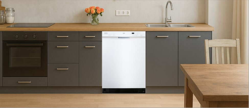 A sleek, contemporary kitchen with built-in cabinetry, integrated appliances, and a modern sink setup. The BLACK+DECKER BDW200MW dishwasher is seamlessly installed within the cabinetry, demonstrating its compatibility with clean, minimalist kitchen designs.