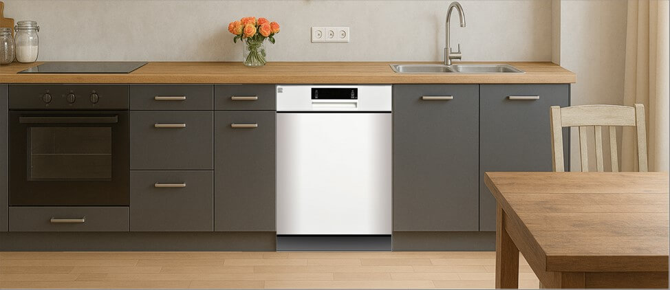 A sleek, contemporary kitchen with built-in cabinetry, integrated appliances, and a modern sink setup. The Kenmore 2214592 dishwasher is seamlessly installed within the cabinetry, demonstrating its compatibility with clean, minimalist kitchen designs.