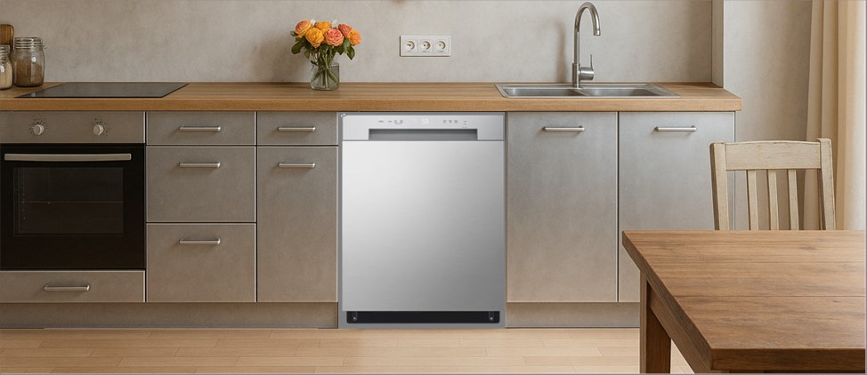 A sleek, contemporary kitchen with built-in cabinetry, integrated appliances, and a modern sink setup. The LG LDFC2423V dishwasher is seamlessly installed within the cabinetry, demonstrating its compatibility with clean, minimalist kitchen designs.