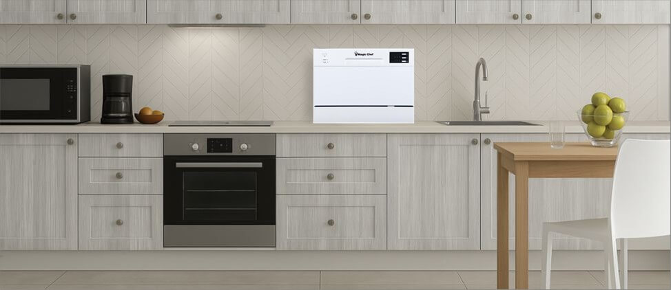 An informative graphic comparing the Magic Chef MCSCD6W5 dishwasher's size to common kitchen counters and human height references. This visual aid provides a clear sense of scale, highlighting its compact footprint and suitability for tight kitchen spaces.