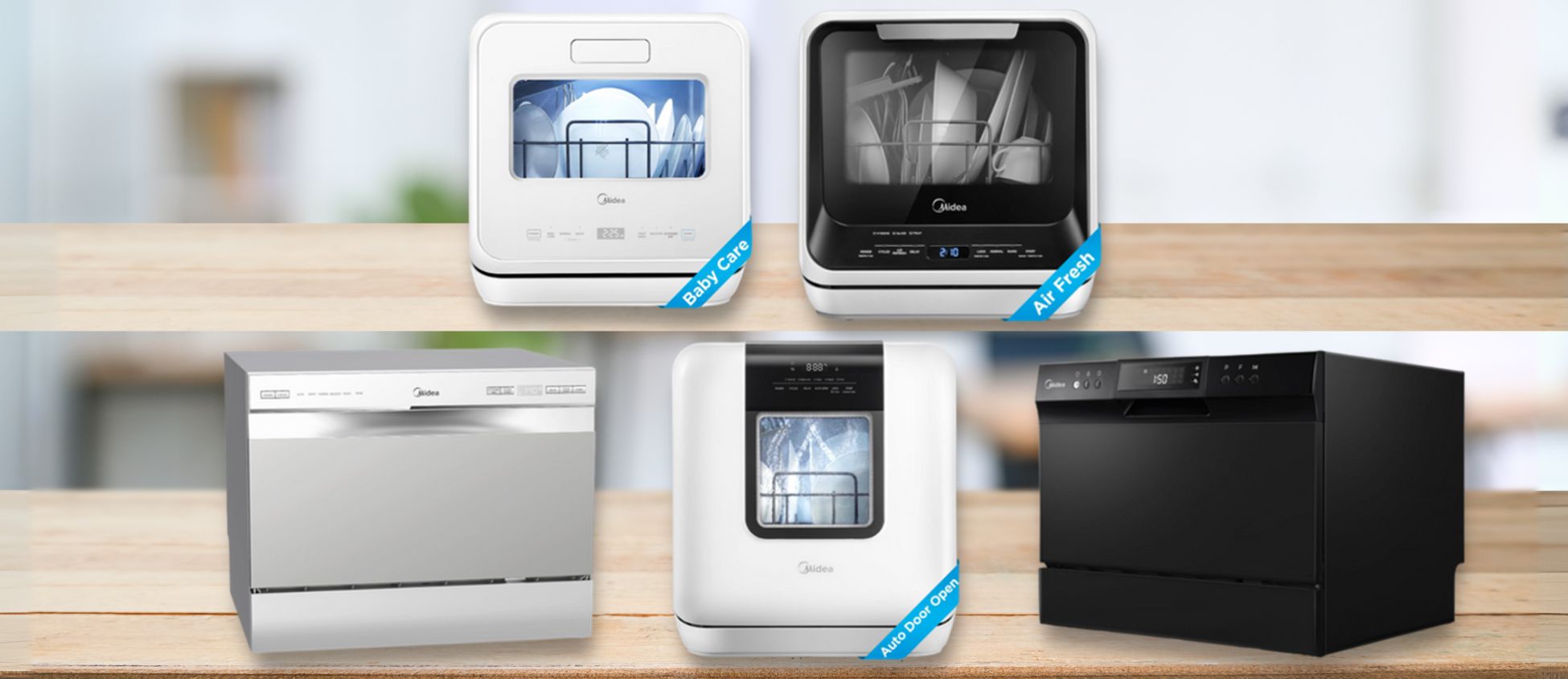 5 Best Midea Countertop Dishwashers This image features five of the best Midea countertop dishwashers arranged on a wooden surface in a bright, softly blurred kitchen setting. Models include the Midea MDC22P1ABB, MDC17P0ABB, MDC17P2DWW, MDC17P4CWW, and MDC22P2ASS, each with unique designs like baby care, air fresh, and auto door open features, showcasing their sleek, modern, and compact style perfect for small kitchens.