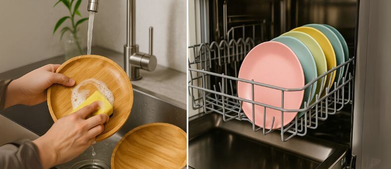 Handwashing bamboo plate and colorful bamboo fiber plates in a dishwasher