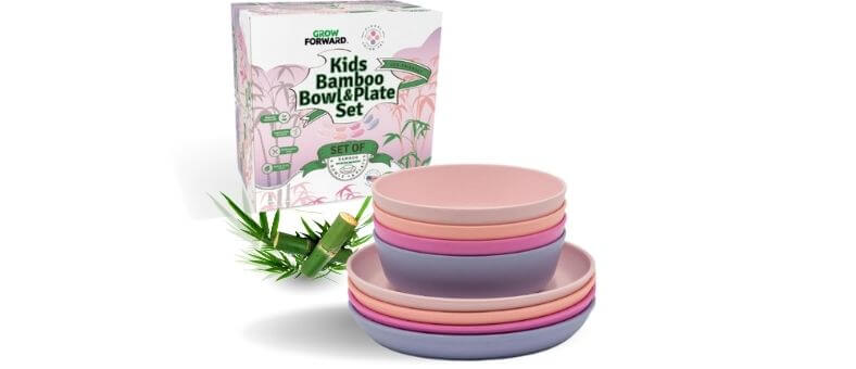 Colorful kids bamboo plate and bowl set in pink and purple shades, dishwasher safe bamboo dinnerware for toddlers.