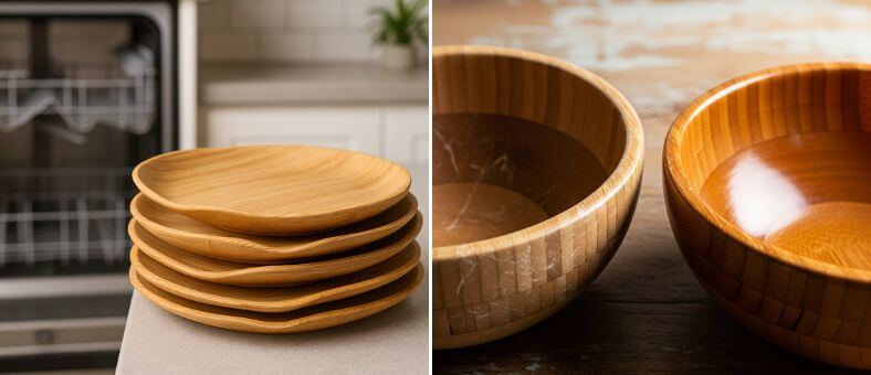 Stack of natural bamboo plates beside a dishwasher and bamboo bowls on a table