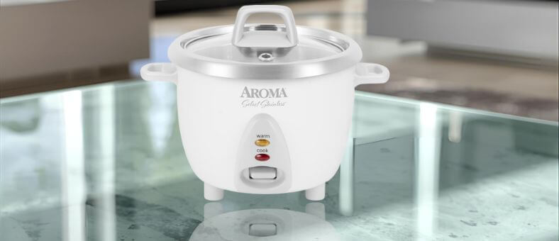 AROMA Select Stainless dishwasher safe rice cooker with compact white design and glass lid.