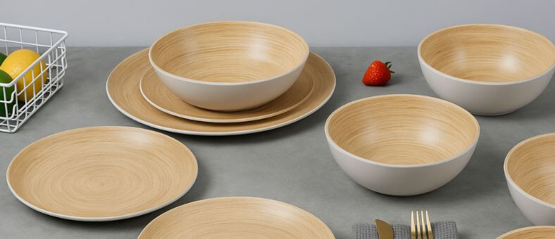Stylish bamboo dinnerware set with plates and bowls arranged on a dining table