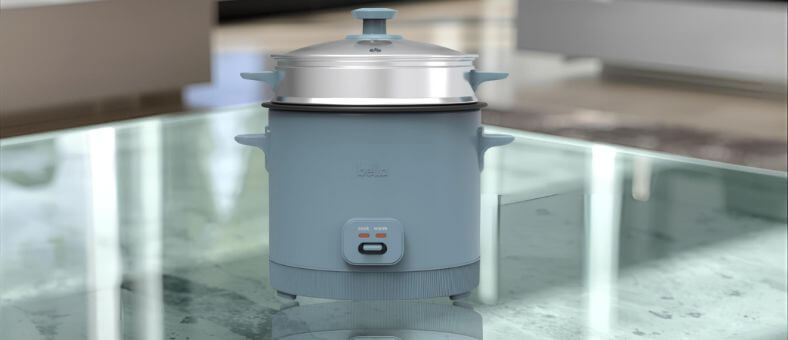 BELLA dishwasher safe rice cooker in blue with stainless steel steamer basket on top.