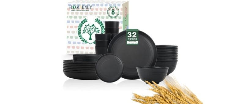 Modern wood-grain style bamboo fiber dinnerware set with plates and bowls, dishwasher safe and eco-friendly.