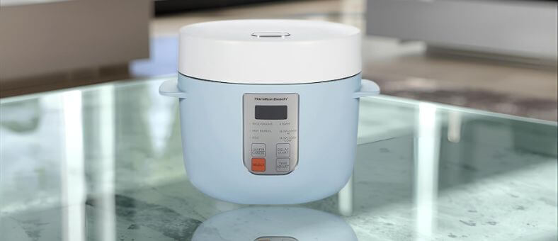 Blue Hamilton Beach digital rice cooker with LED display and control panel, a versatile dishwasher safe rice cooker for family meals.