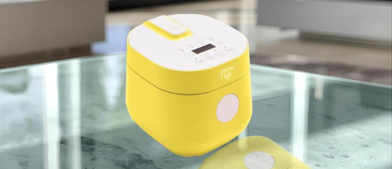 Yellow GreenLife digital rice cooker with smart fuzzy logic technology, compact and stylish dishwasher safe rice cooker for small kitchens.
