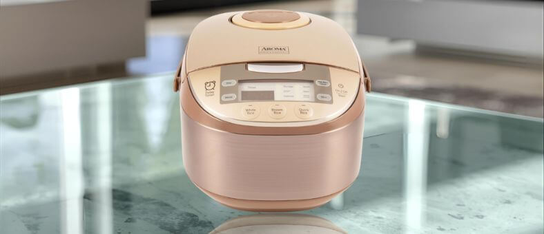 Champagne-colored Aroma Housewares multi-function rice cooker with digital controls, a versatile dishwasher safe rice cooker for everyday cooking.