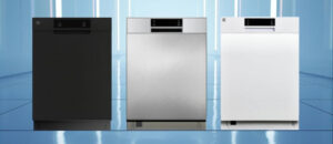 Kenmore 2214585 Dishwasher Review – three Kenmore dishwashers in black, stainless steel, and white finish displayed side-by-side, showing the modern control panel and front design for comparison.