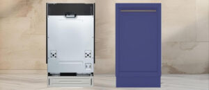 In this KoolMore KM-DW1852 Dishwasher Review image, the built-in (under-counter) dishwasher is displayed in a showroom setting, highlighting its modern design and sleek front panel.