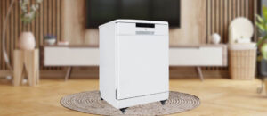 Feature image of SPT SD-6513SS Dishwasher Review: The image shows the freestanding (portable) dishwasher is placed in an appliance showroom displaying the dishwasher’s refined and modern look, with a streamlined front panel and stylish build that complements today’s kitchens.