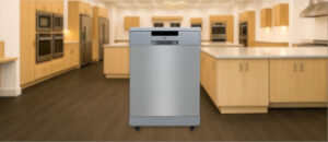 SPT SD-6513SSA Dishwasher Review image showing the freestanding (portable) dishwasher is placed in a showroom, emphasizing its streamlined front panel and modern aesthetic.