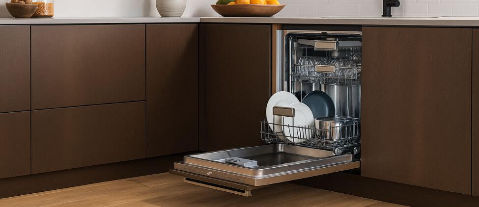 A bright, modern kitchen featuring built-in cabinetry with integrated appliances and a sink. One of the cabinets is fitted with a the Bertazzoni DW18PR dishwasher, highlighting how well it integrates into a minimalist, functional kitchen layout.