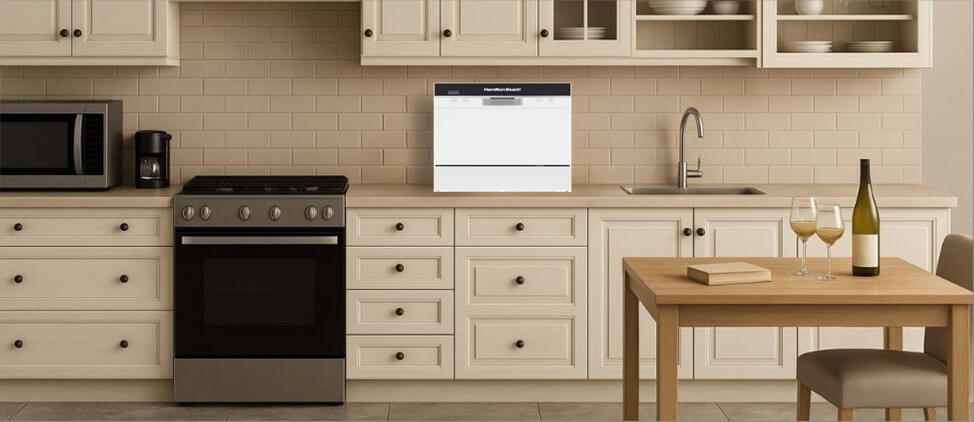 A visual size comparison chart displaying theHAMILTON BEACH HBDW3208 dishwasher alongside a standard kitchen counter and average human heights. The graphic helps users understand its compact dimensions and how it fits within a regular kitchen environment.