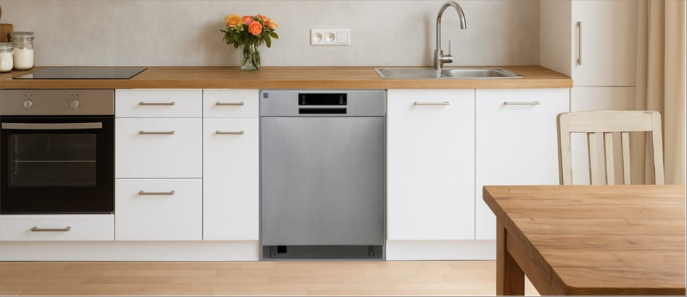 A sleek, contemporary kitchen with built-in cabinetry, integrated appliances, and a modern sink setup. The Kenmore 2214585 dishwasher is seamlessly installed within the cabinetry, demonstrating its compatibility with clean, minimalist kitchen designs.