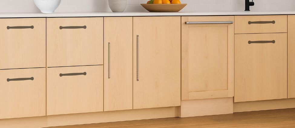 A bright, modern kitchen featuring built-in cabinetry with integrated appliances. One of the cabinets is fitted with a the ZLINE DWV-18 dishwasher, highlighting how well it integrates into a minimalist, functional kitchen layout.