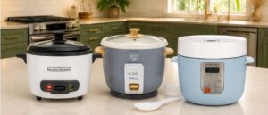 Best Dishwasher Safe Rice Cookers lined up on a modern kitchen counter, featuring compact and family-size models for effortless cooking and easy cleanup.
