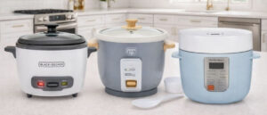 Best Dishwasher Safe Rice Cookers lined up on a modern kitchen counter, featuring compact and family-size models for effortless cooking and easy cleanup.