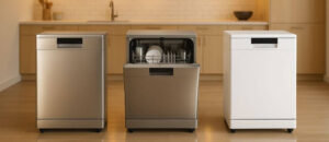 Best SPT 24 Inch Portable Dishwashers on Wheels displayed in a cozy modern kitchen, with two stainless steel finishes and one white model, the center unit slightly open to reveal neatly stacked dishes, highlighting portability and stylish design under warm lighting.