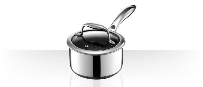 HexClad Hybrid Nonstick Saucepan with tempered glass lid, stainless steel handle, and dishwasher safe design.