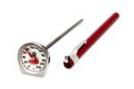 02-Rubbermaid Meat Instant Read Thermometer Small Metal thermometer with red protective cover.