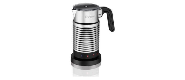 Nespresso Aeroccino 4 stainless steel milk frother with handle and temperature control base.